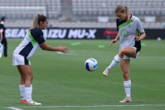 January 15, 2022: Holly Caspers and Alexia Karrys-Stahl of Canberra United warm up during A-League Women’s Rd 7 match between Sydney FC and Canberra United at Netstrata Jubilee Stadium, on January 15, 2022 in Sydney NSW. (Image by: May Bailey | Beyond 90)