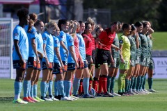 January 22, 2022: Sydney FC and Melbourne City players line up during round eight A-league Women’s match between Sydney FC and Melbourne City at Netstrata Jubilee Stadium, on January 22, 2022, in Sydney NSW. 
(Image by: May Bailey | Beyond 90)