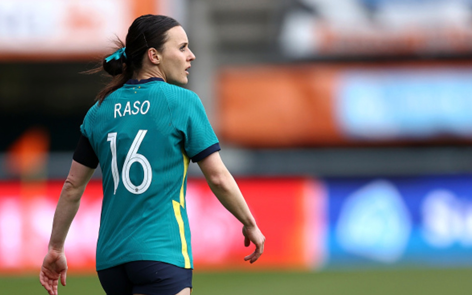 NIJMEGEN, NETHERLANDS - APRIL 13: Hayley Raso of Australia in action during the International Friendly match between Netherlands Women and Australia Women, also know as the Matildas, at Stadion de Goffert on April 13, 2021 in Nijmegen, Netherlands. Sporting stadiums around the Netherlands remain under strict restrictions due to the Coronavirus Pandemic as Government social distancing laws prohibit fans inside venues resulting in games being played behind closed doors. (Photo by Dean Mouhtaropoulos/Getty Images)