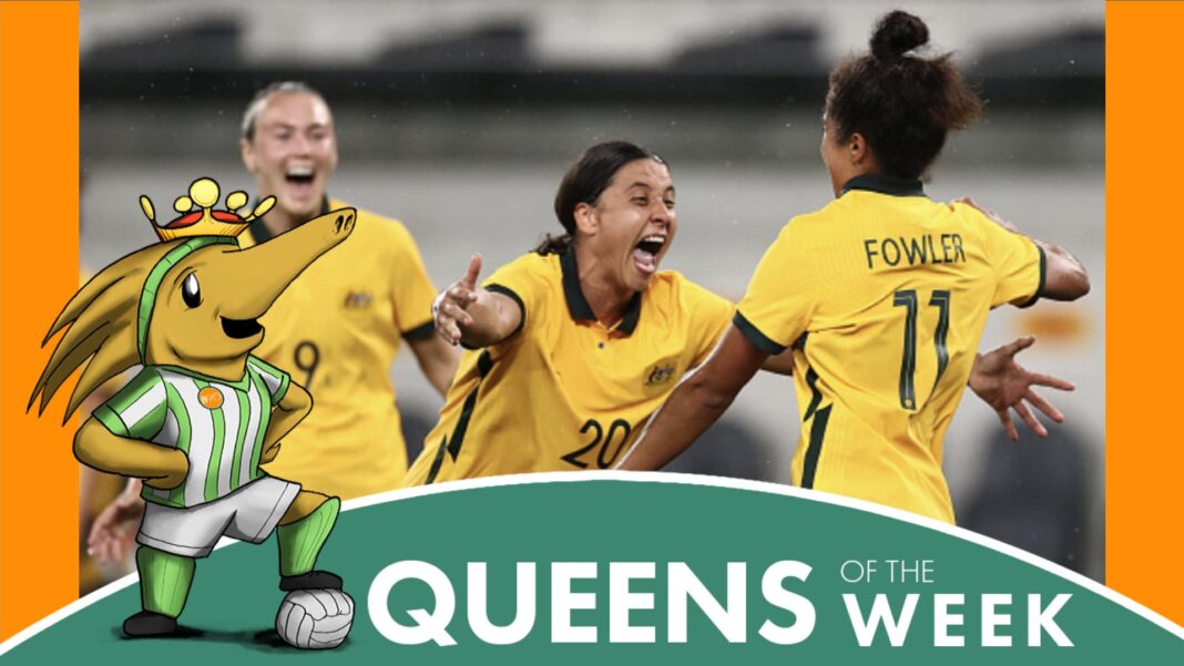 SYDNEY, AUSTRALIA - OCTOBER 23: Mary Fowler of the Matildas celebrates scoring a goal with Sam Kerr of the Matildas during the Women's International Friendly match between the Australia Matildas and Brazil at CommBank Stadium on October 23, 2021 in Sydney, Australia. (Photo by Cameron Spencer/Getty Images)