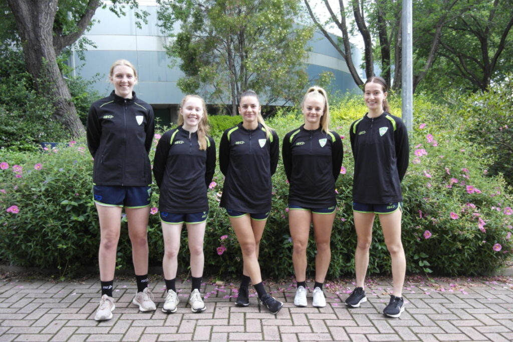 Chloe Lincoln, Sasha Grove, Alexia Karrys-Stahl, Hayley Taylor-Young and Mikayla Vidmar from the 2021-22 Canberra United squad. Photo: Capital Football