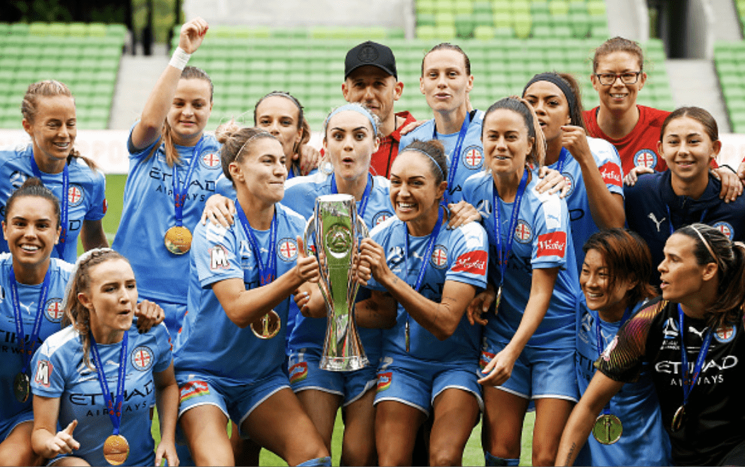 MELBOURNE, AUSTRALIA - MARCH 21: Melbourne City hold the trophy after winning the 2020 W-League Grand Final match between Melbourne City and Sydney FC at AAMI Park on March 21, 2020 in Melbourne, Australia. (Photo by Daniel Pockett/Getty Images)