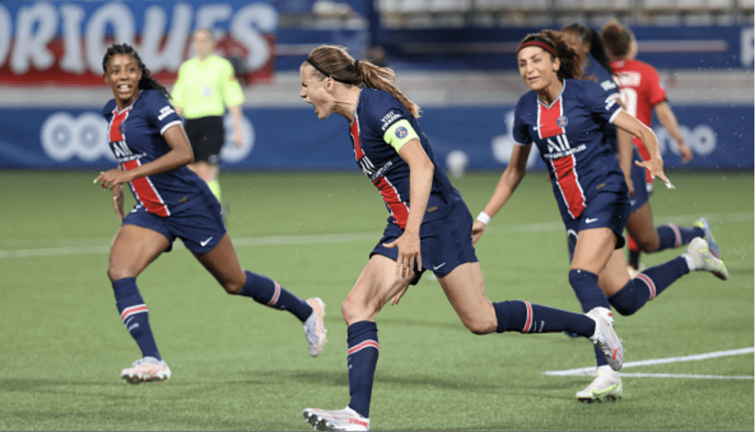 PARIS, FRANCE - JUNE 4: Irene Paredes of PSG celebrates her goal during the D1 Arkema women (feminines) football match between Paris Saint-Germain (PSG) and Dijon FCO (DFCO) at Stade Jean Bouin on June 4, 2021 in Paris, France. (Photo by John Berry/Getty Images)