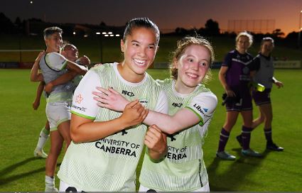 Ellen Gett and Sasha Grove after the 2022-23 R9 Adelaide United vs Canberra United game. Photo: Mark Brake/Getty Images