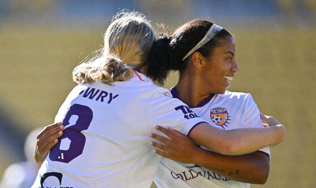 WELLINGTON, NEW ZEALAND - MARCH 18: Hana Lowry of Perth Glory and Cyera Hintzen of Perth Glory celebrate Hintzen's goal during the round 18 A-League Women's match between Wellington Phoenix and Perth Glory at Sky Stadium, on March 18, 2023, in Wellington, New Zealand. (Photo by Mark Tantrum/Getty Images)