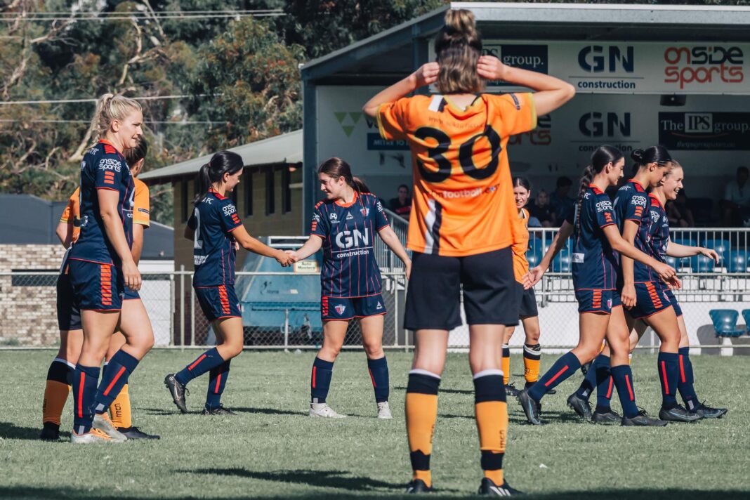 NPLW WA Round 1: Balcatta players celebrate a goal against Curtin University. Image credit Balcatta Etna/ Ethan Dugan