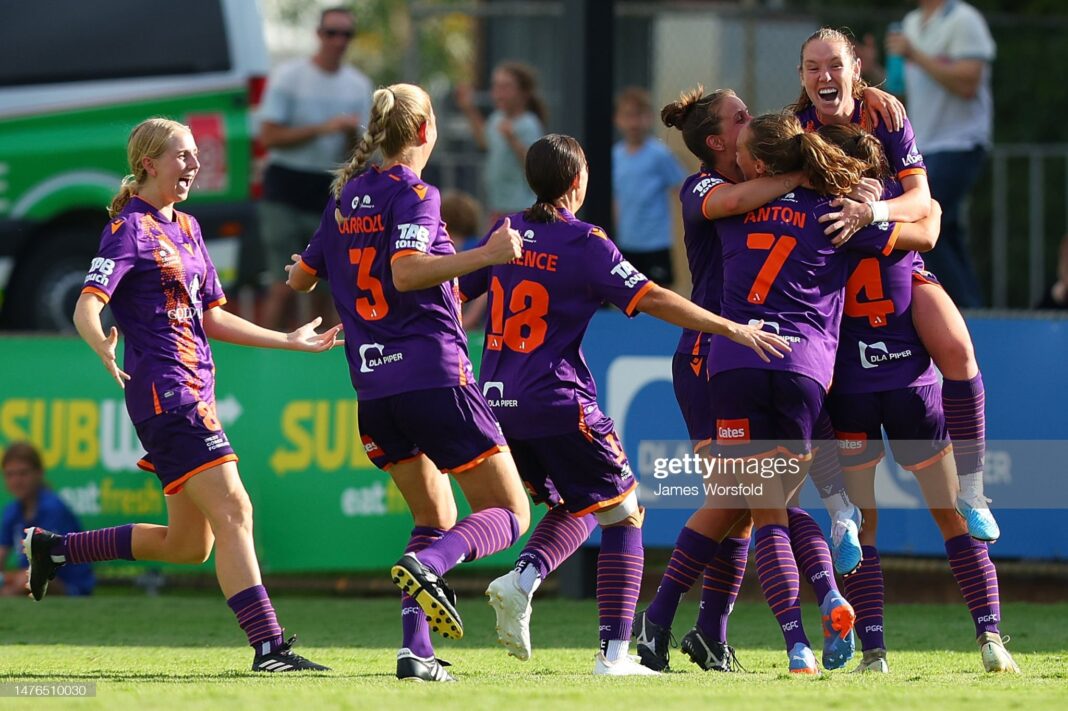 PERTH, AUSTRALIA - MARCH 26: Hannah Blake of the Glory celebrates her goal during the round 19 A-League Women's match between Perth Glory and Melbourne City at Macedonia Park, on March 26, 2023, in Perth, Australia. (Photo by James Worsfold/Getty Images)