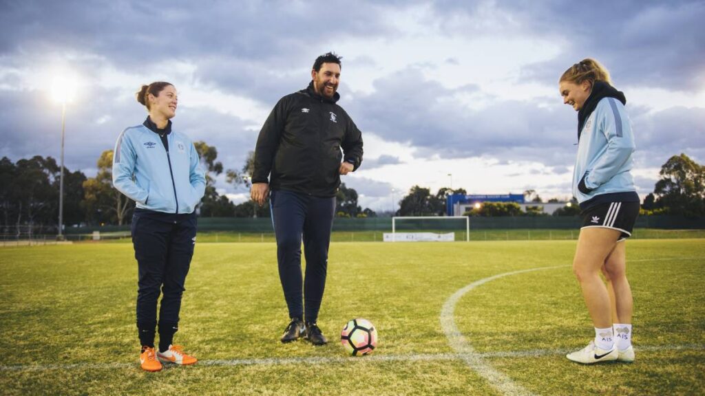 Michaela Thornton, Ant Jagarinec, and Katie Woodman in their last Belconnen United season together in 2019. Photo: Canberra Times