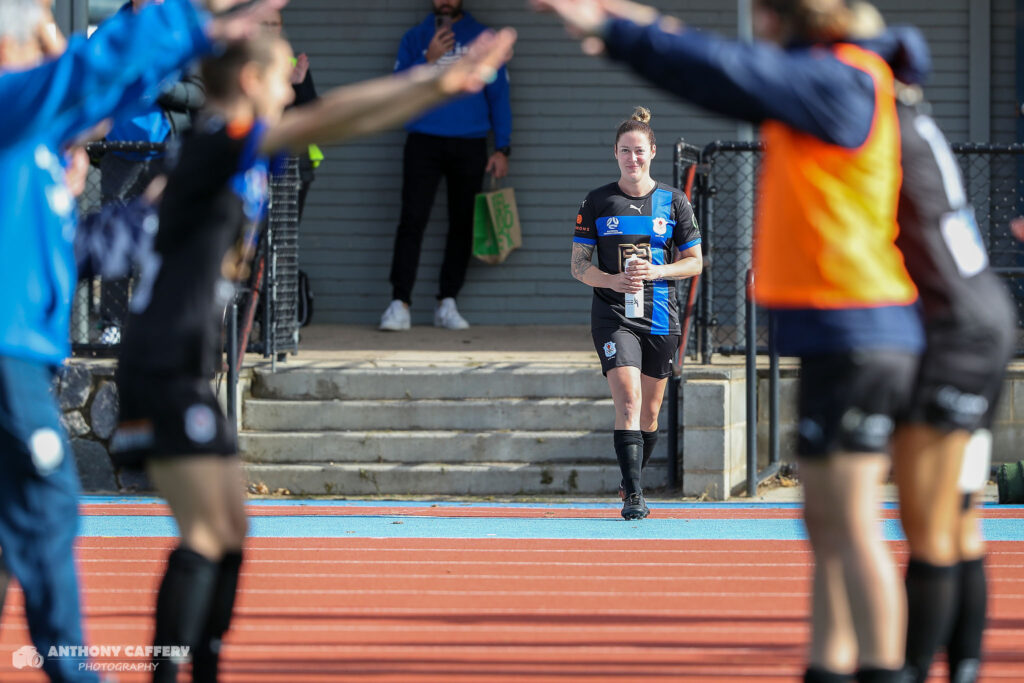 2023 ACT NPL: Both teams recognised Michaela Thornton's 200th game. Photo: Anthony Caffery Photography
