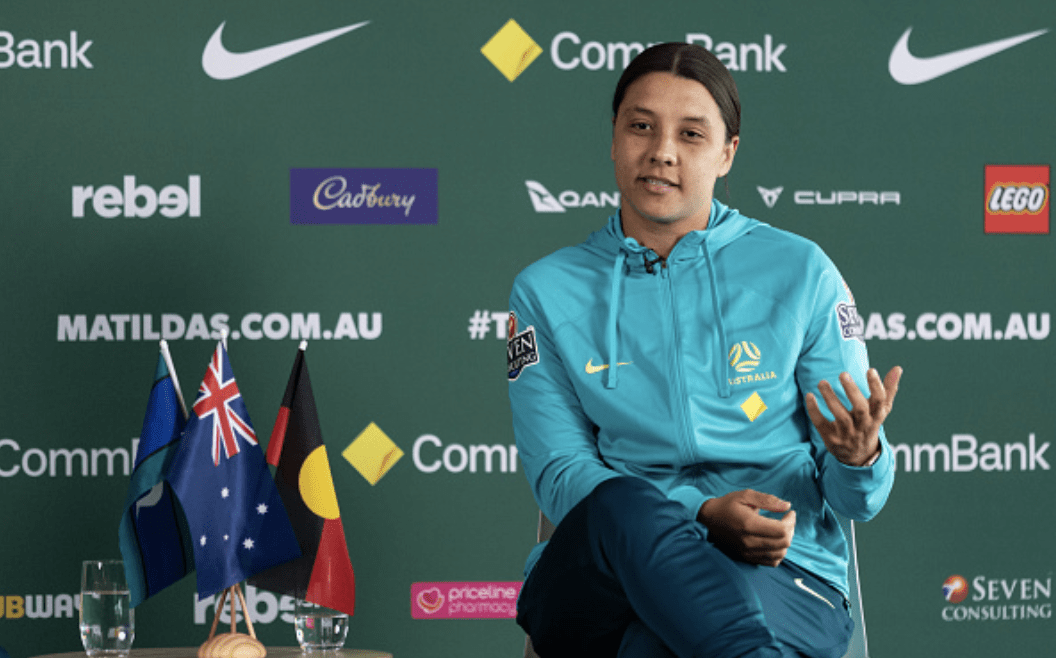 MELBOURNE, AUSTRALIA - JULY 03: Sam Kerr during the Official Opening of the Australian Matildas training facility and FIFA Women's World Cup squad announcement at La Trobe University Sports Fields on July 03, 2023 in Melbourne, Australia. (Photo by Mackenzie Sweetnam/Getty Images)