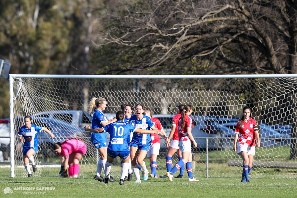 2023 ACT NPL Women's Finals Week 1: Canberra Olympic celebrate their first goal. Credit: Anthony Caffery Photography
