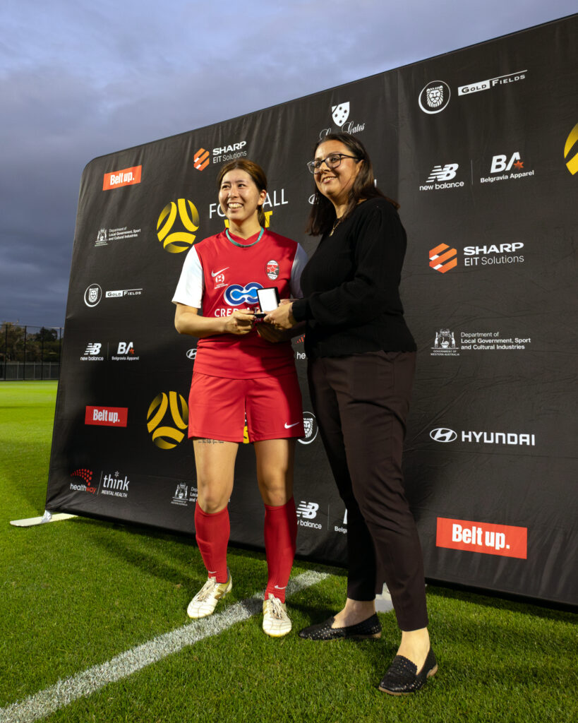 Perth RedStar's Reina Kagami with her Player of the Match medal. Image credit Perth RedStar/Robbie Anderson.