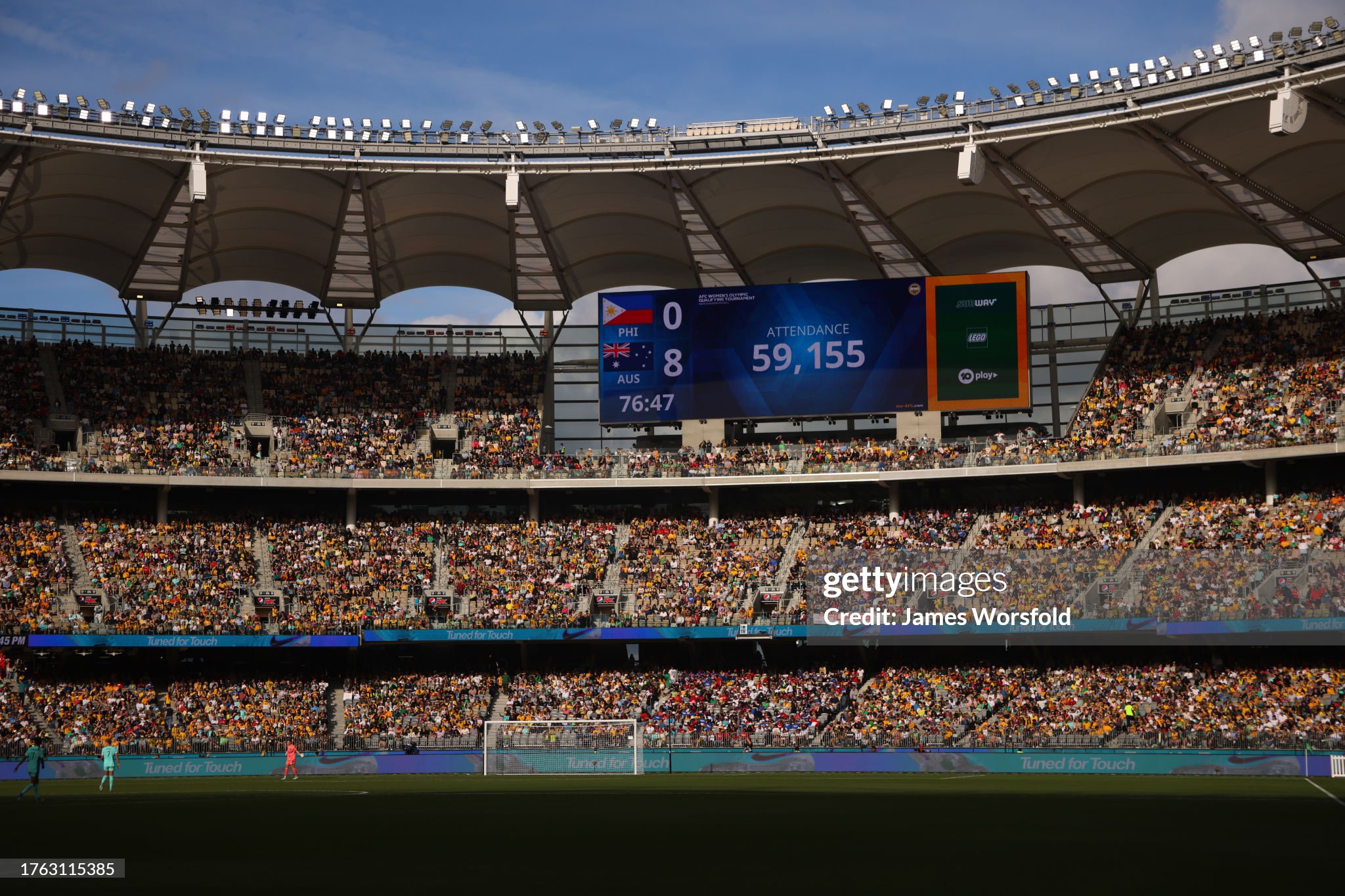 PERTH, AUSTRALIA - OCTOBER 29: General view of the Optus Stadium crowd during the AFC Women's Asian Olympic Qualifier match between Philippines and Australia Matildas at Optus Stadium on October 29, 2023 in Perth, Australia. (Photo by James Worsfold/Getty Images)