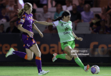 PERTH, AUSTRALIA - FEBRUARY 10: Lillian Skelly of Canberra Utd passes the ball during the A-League Women round 16 match between Perth Glory and Canberra United at Macedonia Park, on February 10, 2024, in Perth, Australia. (Photo by Will Russell/Getty Images)