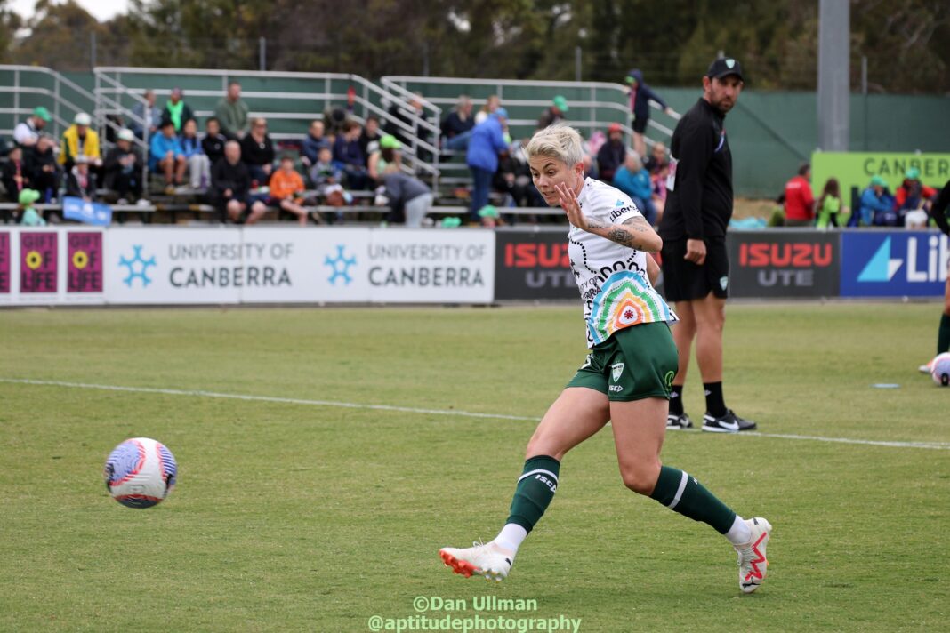Michelle Heyman shoots during pre-game warmups for the 2023-24 A-League Women game between Canberra United and Perth Glory at McKellar Park. Photo credit: Dan Ullman (Instagram - @aptitudephotography )