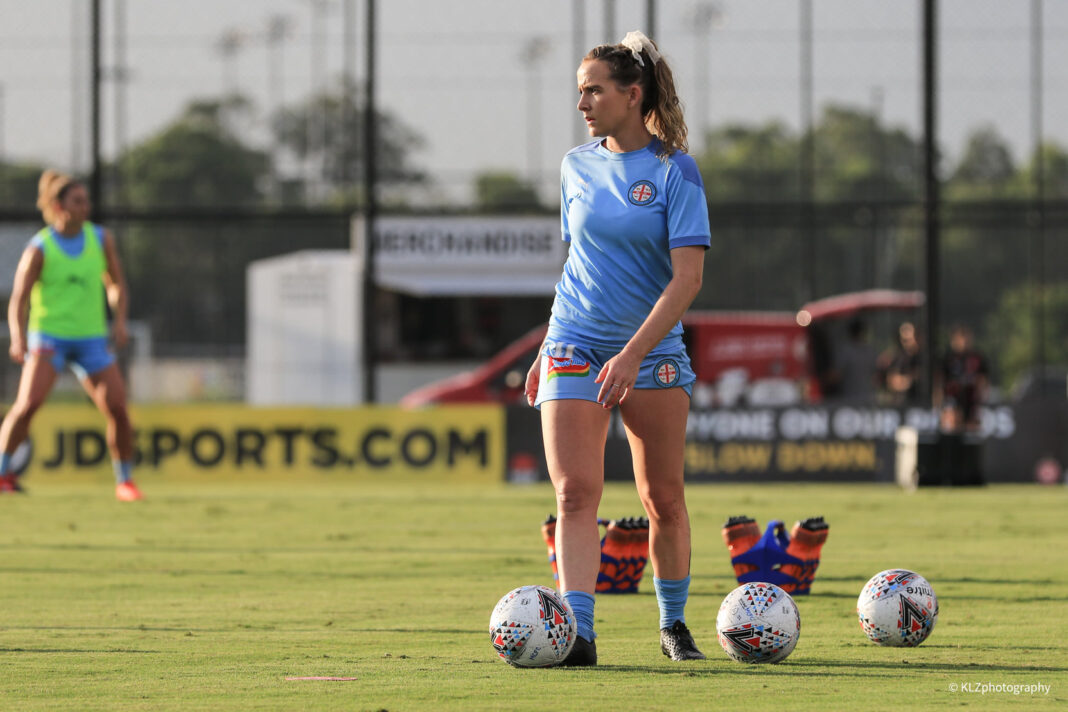 Melbourne City's Rhali Dobson warms up before a game between Western Sydney Wanderers and Melbourne City, played at Wanderers Football Park during the 2020-21 A-League Women season. Photo credit: Kellie Lemon / KLZ Photography