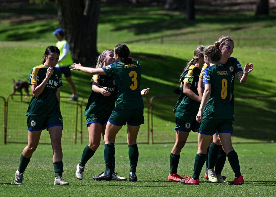 UWA Nedlands celebrate their first ever goal in the NPLW WA. Image credit Cat Bryant Photography