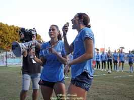 Tori Tumeth (assisted by Margaux Chauvet) leads The Cove’s post game chanting with The Cove’s megaphone, after Sydney FC defeated Central Coast Mariners in the 2023-24 A-League Women semi finals. The 2nd leg was played at Leichhardt Oval on April 27, 2024. Photo credit: Dan Ullman (Instagram - @aptitudephotography )