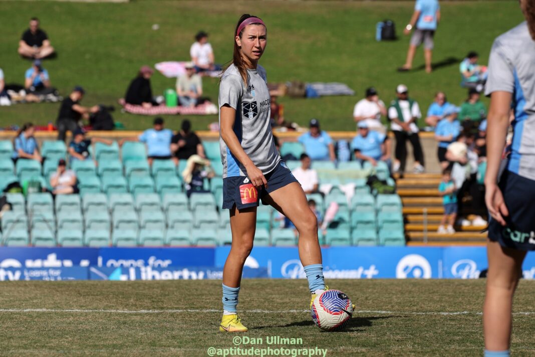 A picture of Sydney FC icon Shea Connors, taken during pre-game warmups for the 2023-24 A-League Women semi final 2nd leg between Sydney and Central Coast Mariners, played at Leichhardt Oval on April 227, 2024. Photo credit: Dan Ullman (Instagram - @aptitudephotography )