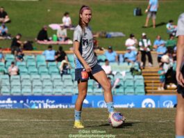 A picture of Sydney FC icon Shea Connors, taken during pre-game warmups for the 2023-24 A-League Women semi final 2nd leg between Sydney and Central Coast Mariners, played at Leichhardt Oval on April 227, 2024. Photo credit: Dan Ullman (Instagram - @aptitudephotography )