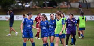 NPLW WA 2024 Round 6 Wrap UWA Nedlands players celebrate their first ever win in the NPLW. Image credit One Touch Sports Photography