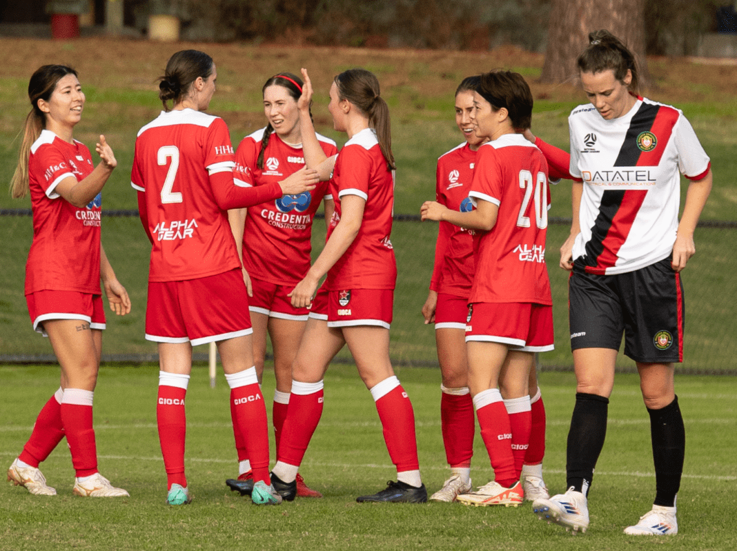 RedStar players celebrate a goal against MUM FC in Rd 11 of the NPLW WA. Image credit Robbie Anderson/Perth RedStar