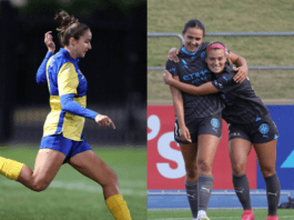 Croatian international Bianca Galic playing for Sydney University (left), and Matildas cap 229 Daniela Galic celebrating a goal for Melbourne City with Julia Grosso (right). Photos courtesy Dan Ullman (Instagram - @aptitudephotography )