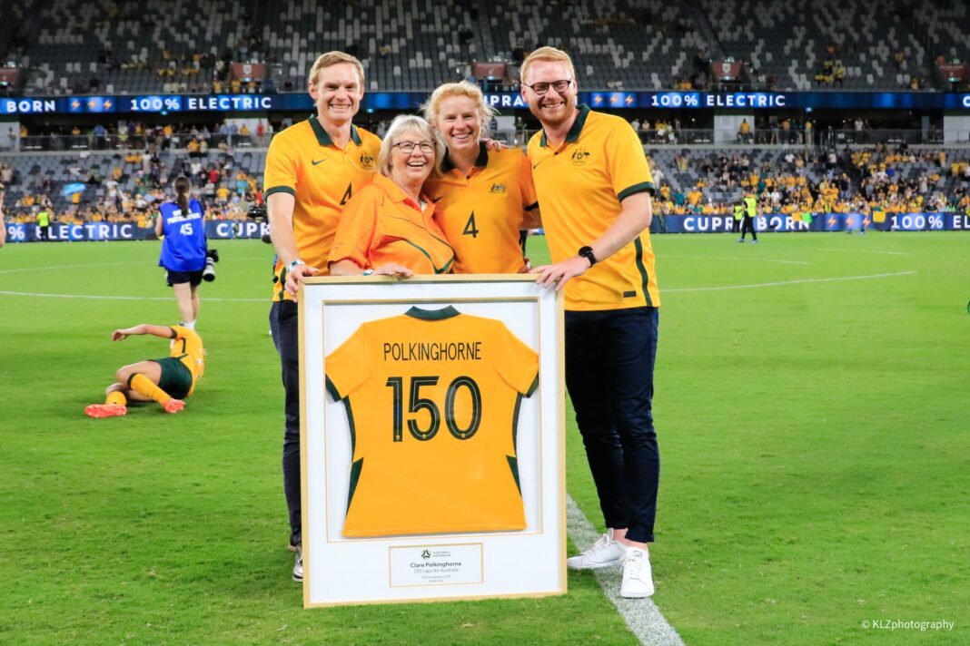 Clare Polkinghorne celebrates her 150th Matildas game with her family. Photo credit: Kellie Lemon / KLZ Photography