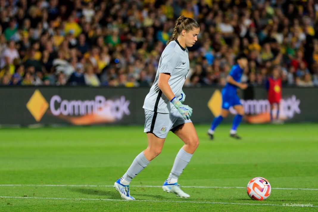 Teagan Micah plays out from the back during a game between the Matildas and Thailand at Central Coast Stadium. Photo credit: Kellie Lemon / KLZ Photography