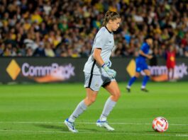 Teagan Micah plays out from the back during a game between the Matildas and Thailand at Central Coast Stadium. Photo credit: Kellie Lemon / KLZ Photography