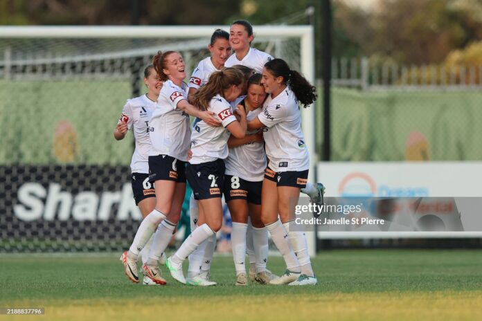 PERTH, AUSTRALIA - DECEMBER 08: Alana Murphy of Melbourne Victory celebrates a goal during the round five A-League Women's match between Perth Glory and Melbourne Victory at Sam Kerr Football Centre, on December 08, 2024, in Perth, Australia. (Photo by Janelle St Pierre/Getty Images)