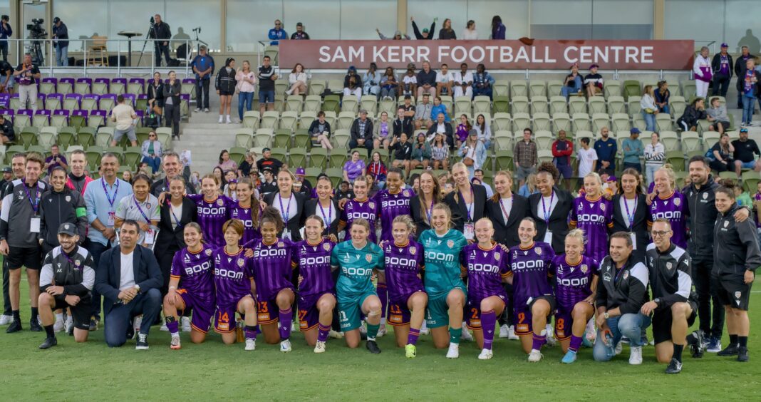 Perth Glory Executive and Womens Squad come together to celebrate the win against Adelaide in the Ninja A-League. Image credit Robert Lizzi