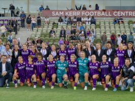 Perth Glory Executive and Womens Squad come together to celebrate the win against Adelaide in the Ninja A-League. Image credit Robert Lizzi