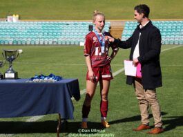 Holly McNamara (then of APIA Leichhardt) speaks with Football NSW media personality James Preston, after being named Player of the Match in the 2023 Sapphire Cup Final, contested by APIA and Northern Tigers at Leichhardt Oval. Photo credit: Dan Ullman (Instagram - @aptitudephotography )