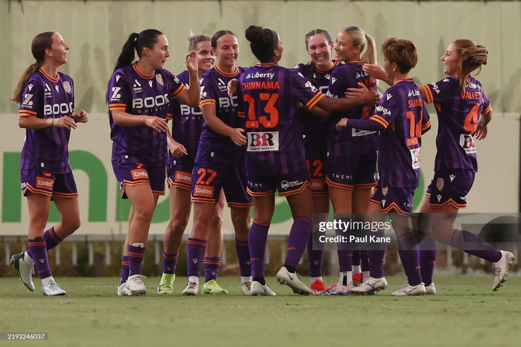 PERTH, AUSTRALIA - JANUARY 10: Caitlin Doeglas of the Glory celebrates a goal during the round 11 A-League Women's match between Perth Glory and Sydney FC at Sam Kerr Football Centre, on January 10, 2025, in Perth, Australia. (Photo by Paul Kane/Getty Images)