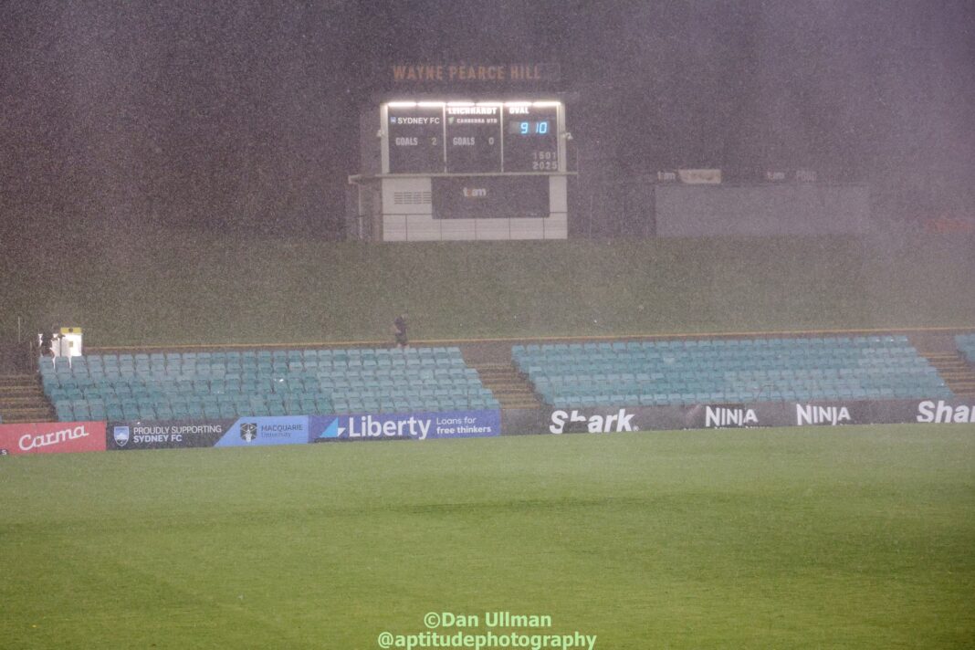 A soaking wet Leichhardt Oval, prior to a power outage and the abandonment of the A-League Women game between Sydney FC and Canberra United on Wednesday 15 January 2025. Photo credit: Dan Ullman (Instagram - @aptitudephotography )