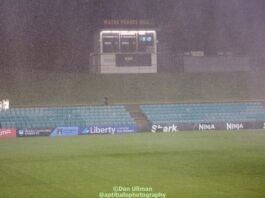 A soaking wet Leichhardt Oval, prior to a power outage and the abandonment of the A-League Women game between Sydney FC and Canberra United on Wednesday 15 January 2025. Photo credit: Dan Ullman (Instagram - @aptitudephotography )