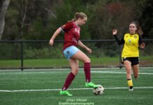 APIA Leichhardt and Mountain Majik Futsal Club legend Ashlie Crofts controls the ball during a 2024 NPL Women's NSW game between Spirit FC and APIA, at Spirit's home ground, which is nicknamed "The Arctic Circle". Photo credit: Dan Ullman (Instagram - @apittudephotography )