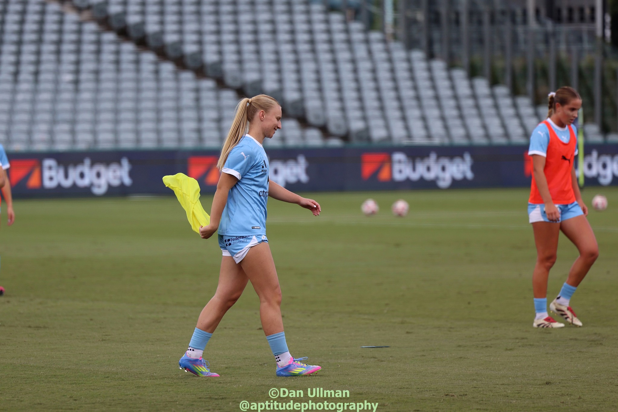 Melbourne City forward Holly McNamara, pictured during warmup before the 1st leg of the 2024-25 A-League Women semi final between Central Coast Mariners and Melbourne City. Photo credit: Dan Ullman (Instagram - @aptitudephotography )