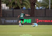 Western United's Kahli Johnson runs in to score during the 2024-25 A-League Women game between Central Coast Mariners and Western United, at Central Coast Stadium. Photo credit: Dan Ullman (Instagram - @aptitudephotography )