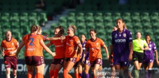 5 Talking Points: Perth Glory vs Brisbane Roar PERTH, AUSTRALIA - NOVEMBER 07: Bente Jansen of the Roar celebrates a goal during the round 2 A-League Women match between Perth Glory and Brisbane Roar at HBF Park, on November 07, 2025, in Perth, Australia. (Photo by Paul Kane/Getty Images)