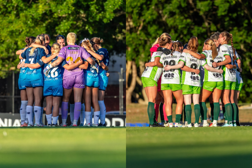 The pre-game huddles at Newcastle Jets (blue jerseys) v Canberra United (white jerseys), played at No. 2 Sportsground on Saturday 27 December 2025. Photo credit: Georgia Paul (Instagram - @georgiaepaul )