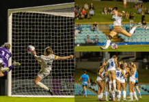 PODCAST | The Kiwi Katie McCabe All photos courtesy Georgia Paul (Instagram - @georgiaepaul ). Left: Central Coast Mariners defender Annabel Martin clears a goalbound shot off the line, during the A-League Women game between the Mariners and Newcastle Jets, played at No. 2 Sportsground on Saturday 10 January 2026. Top Right: Newcastle Jets winger Charlotte Lancaster shoots during the A-League Women game between Newcastle and Sydney FC, played at Leichhardt Oval on Tuesday 13 January, 2026. Bottom Right: Newcastle celebrate Lancaster’s winning goal during the aforementioned Sydney v Newcastle game.